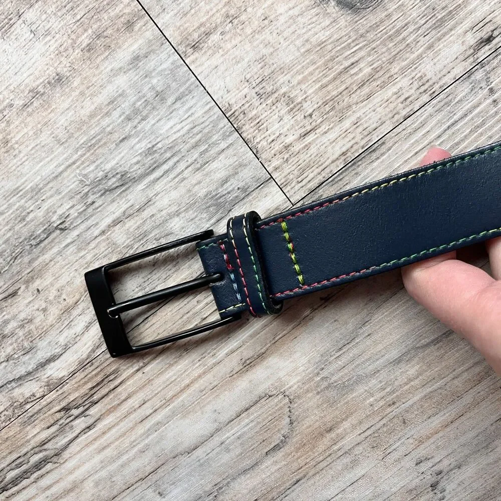 ASOS Genuine Leather Belt Black Rainbow Stitch Size 34 Statement Minimalist